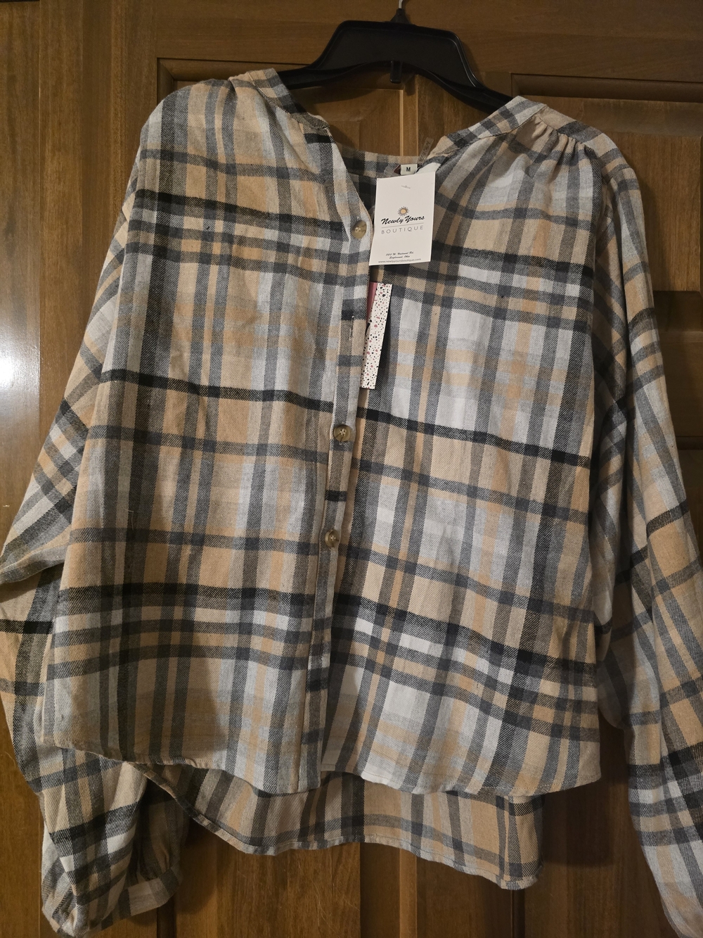 Women's Plaid Button-Up Top in Tan & Gray - Boutique